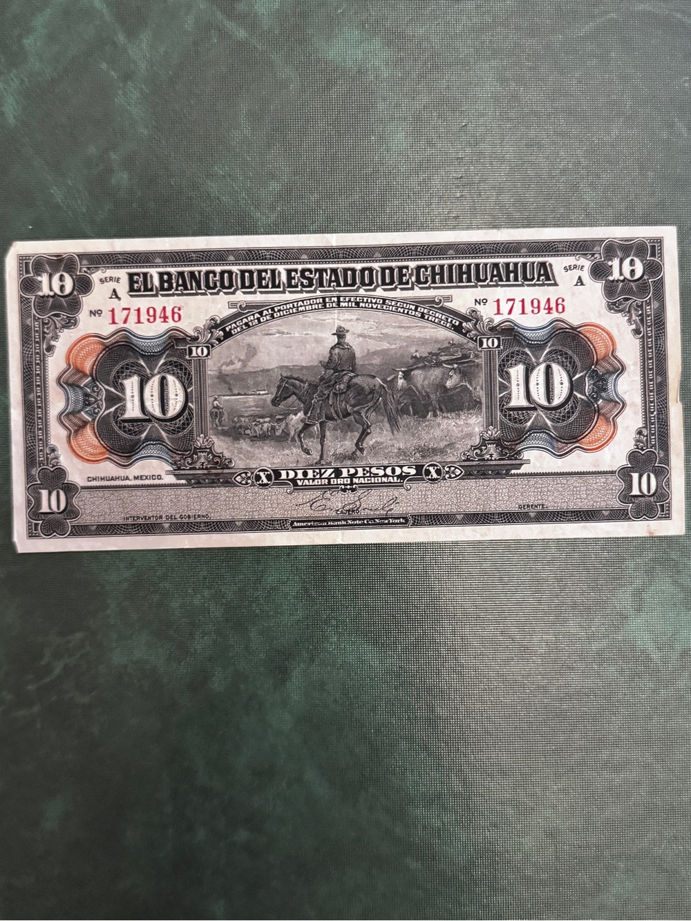 1913 10 Pesos banknote from El Banco del Estado de Chihuahua